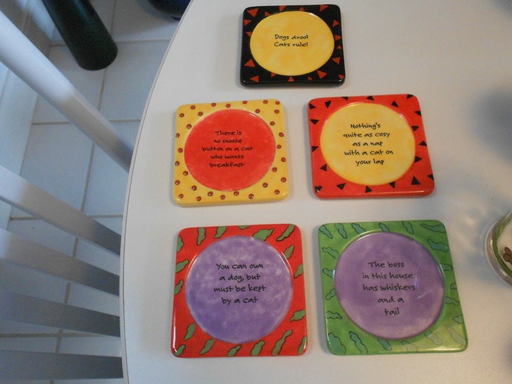 cat ceramic gloss coasters (5) each a different saying 3 1/2" across vg+ cond.