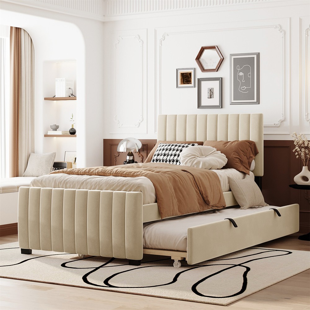 Twin Size Bed Frame Upholstered Platform Bed with Pull Out Trundle Beige/Pink