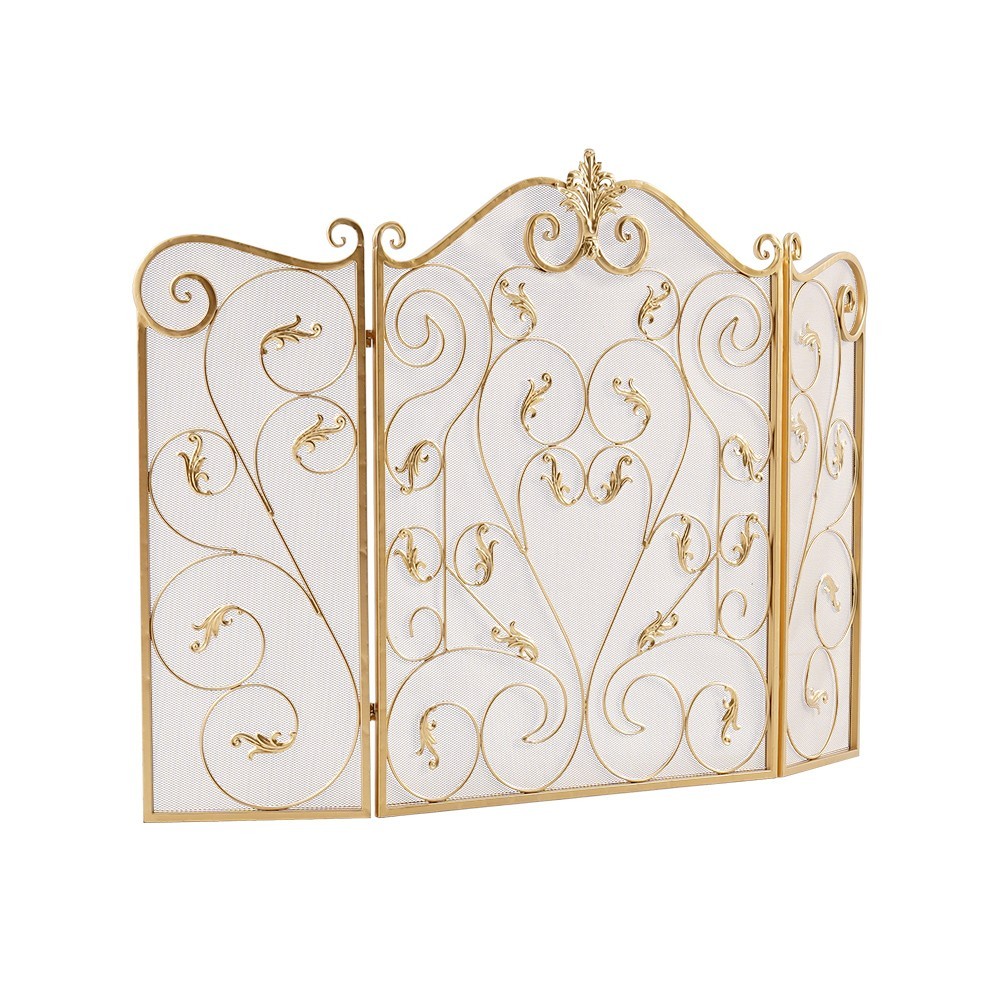 Retro Gold 3-Panel Foldable Fireplace Screen with Acanthus Leaf Design