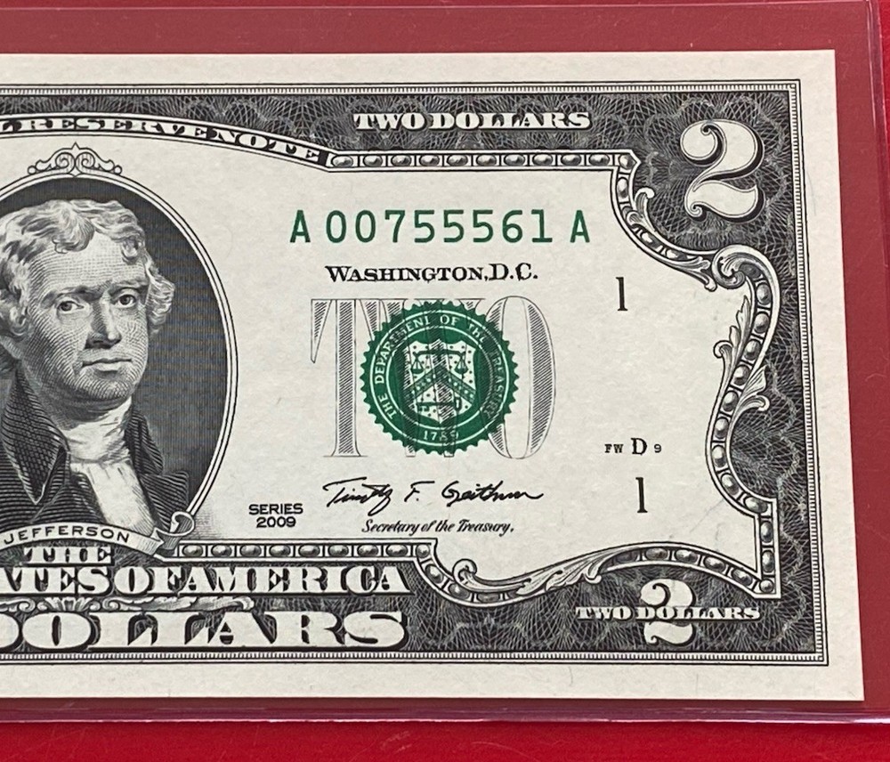 2009 $2 TWO DOLLAR BILL ( BOSTON "A" ) UNCIRCULATED