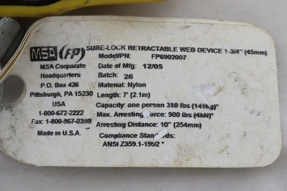 USED MSA FP 7' , 1-3/4" RETRACTABLE WEB DEVICE FP6902007