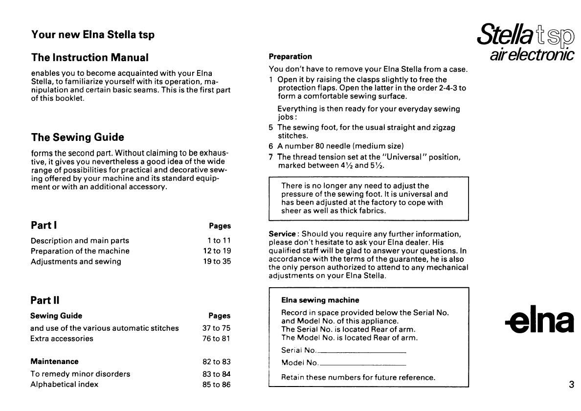 Elna Stella TSP Air Electronic Instruction Manual: Spiral Bound 92 Pages