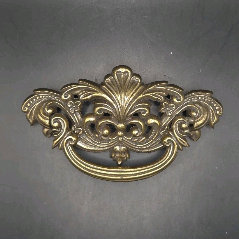 Solid Brass Ornate Drawer Pull Handle 1988 Vintage 4"x2" Stamped Bail Pull