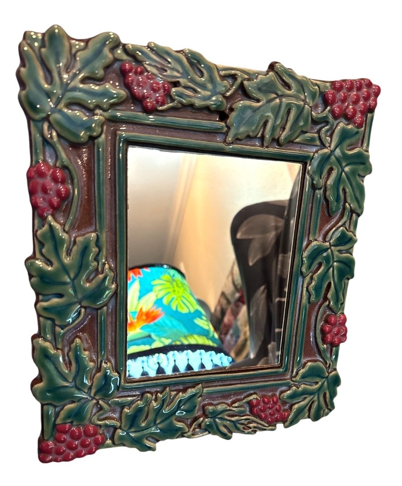 Alamo Tile Grape & Leaf Ceramic Framed Mirror Signed READ