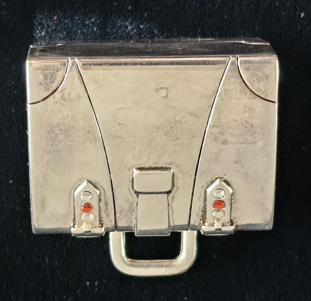 Vintage Silver Tone Mini Suitcase Trinket/Pill Box Red Rhinestones Engraved SJB