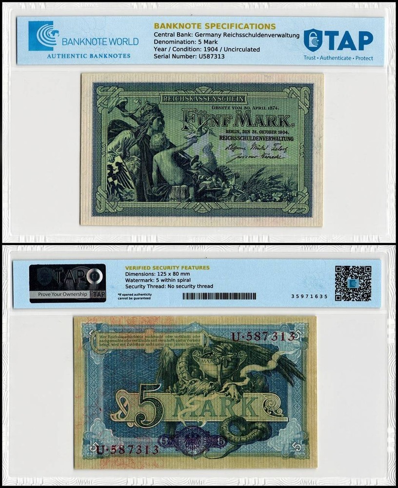 Germany 5 Mark, 1904, P-8a, UNC, TAP Authenticated