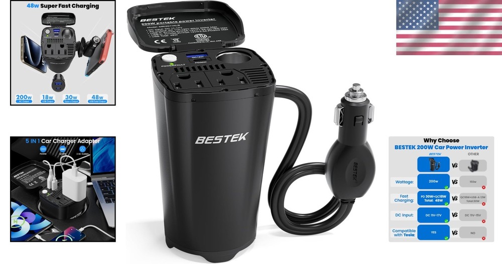 Portable 200W Car Plug Adapter with Fast Charging