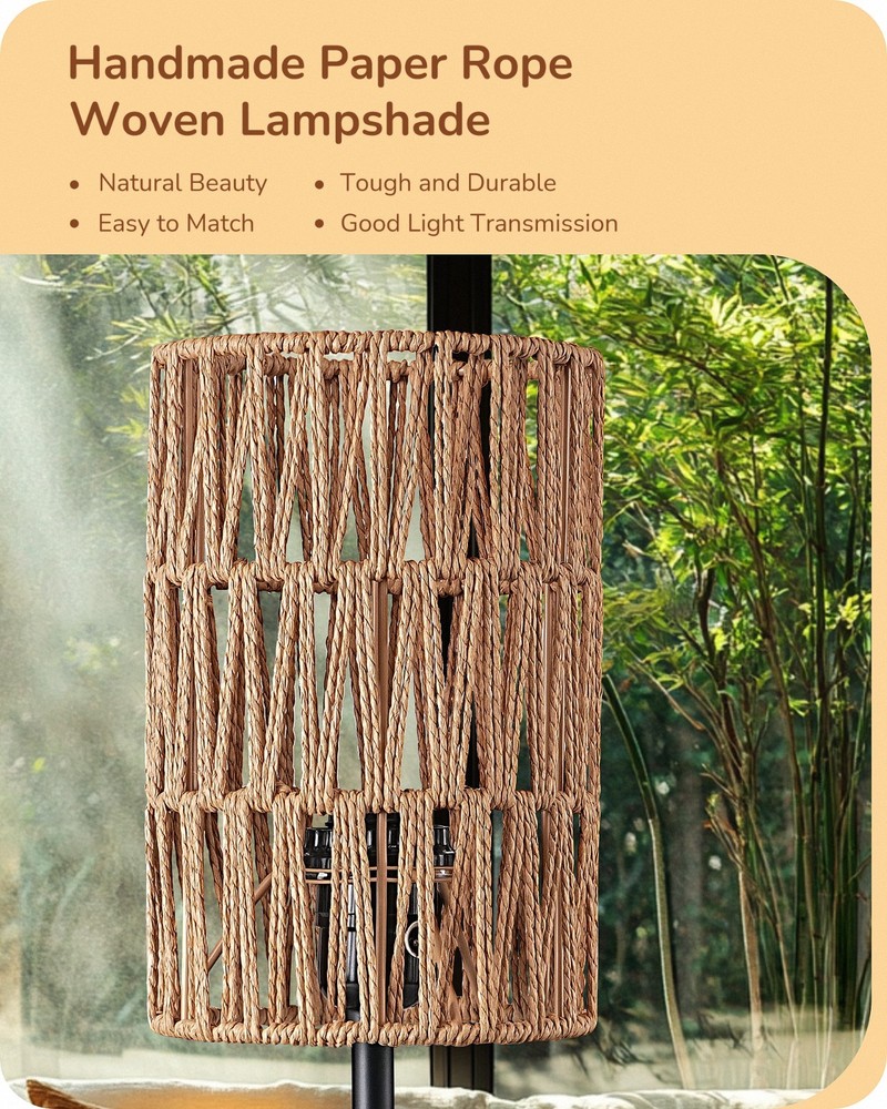 EDISHINE Rattan Table Lamp, Boho Nightstand Lamp with Pull Chain, E26 Socket