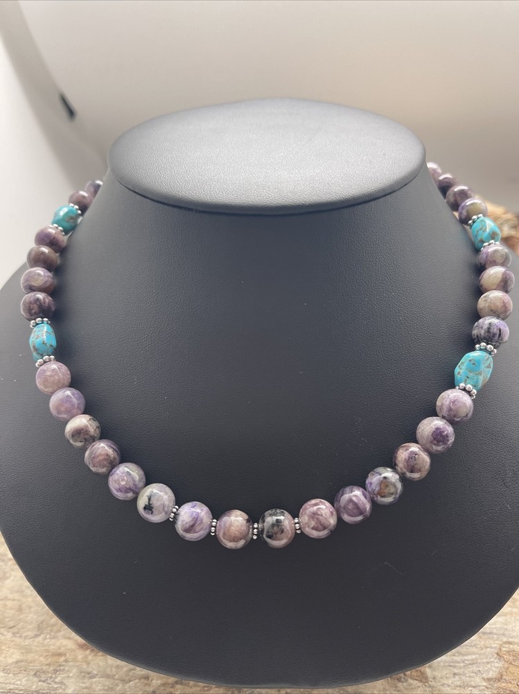 Sterling Silver Charoite Bead Necklace.