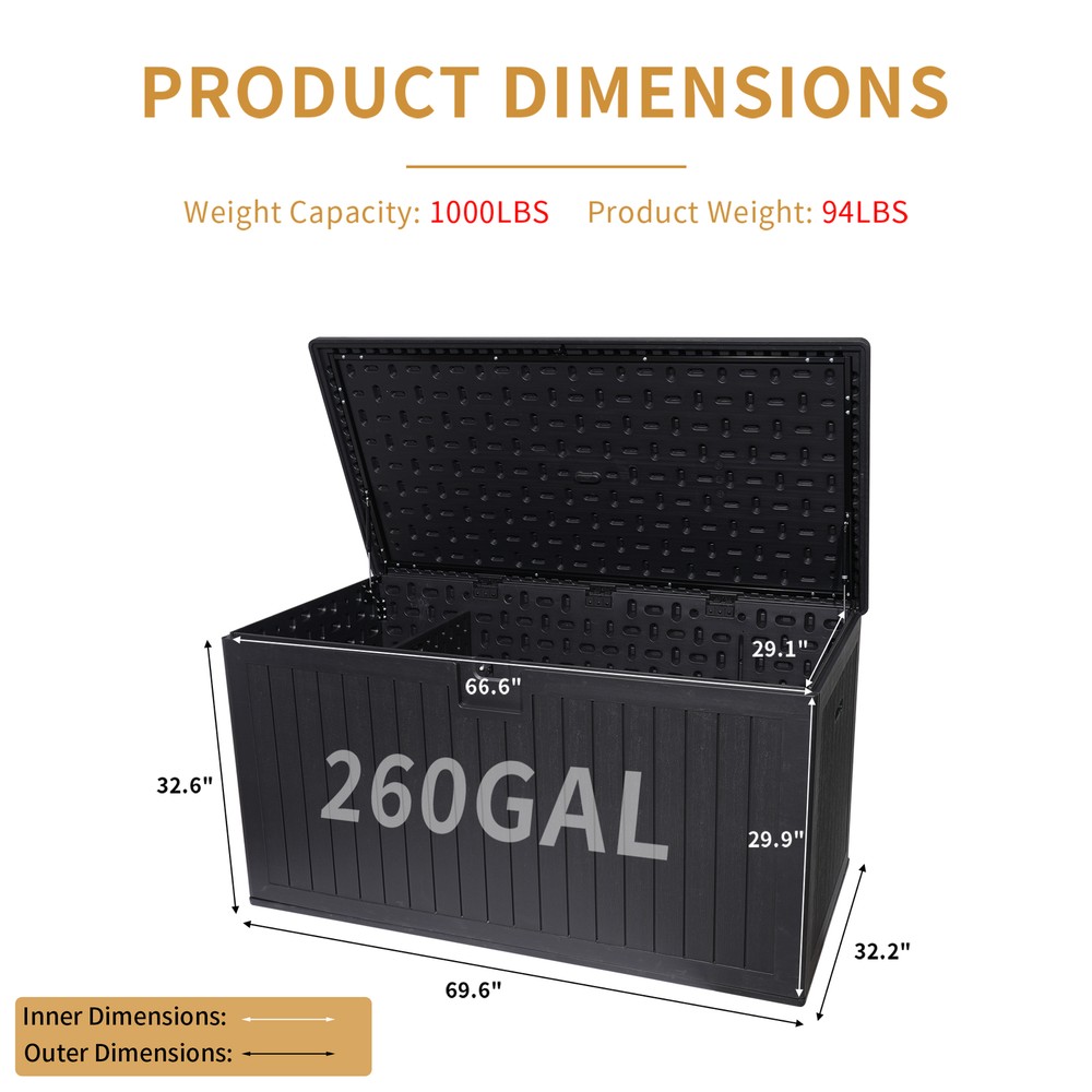 260 Gallon Resin Outdoor Deck Box Storage Box Multi-function Container Lockable