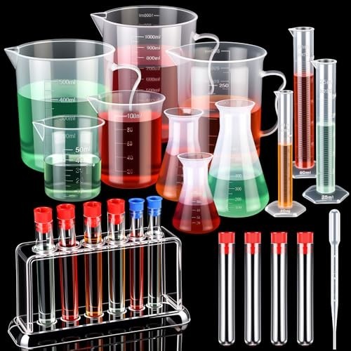28 Pcs Science Lab Beakers & Test Tubes Set - Graduated Cylinders, Flasks, Dropp