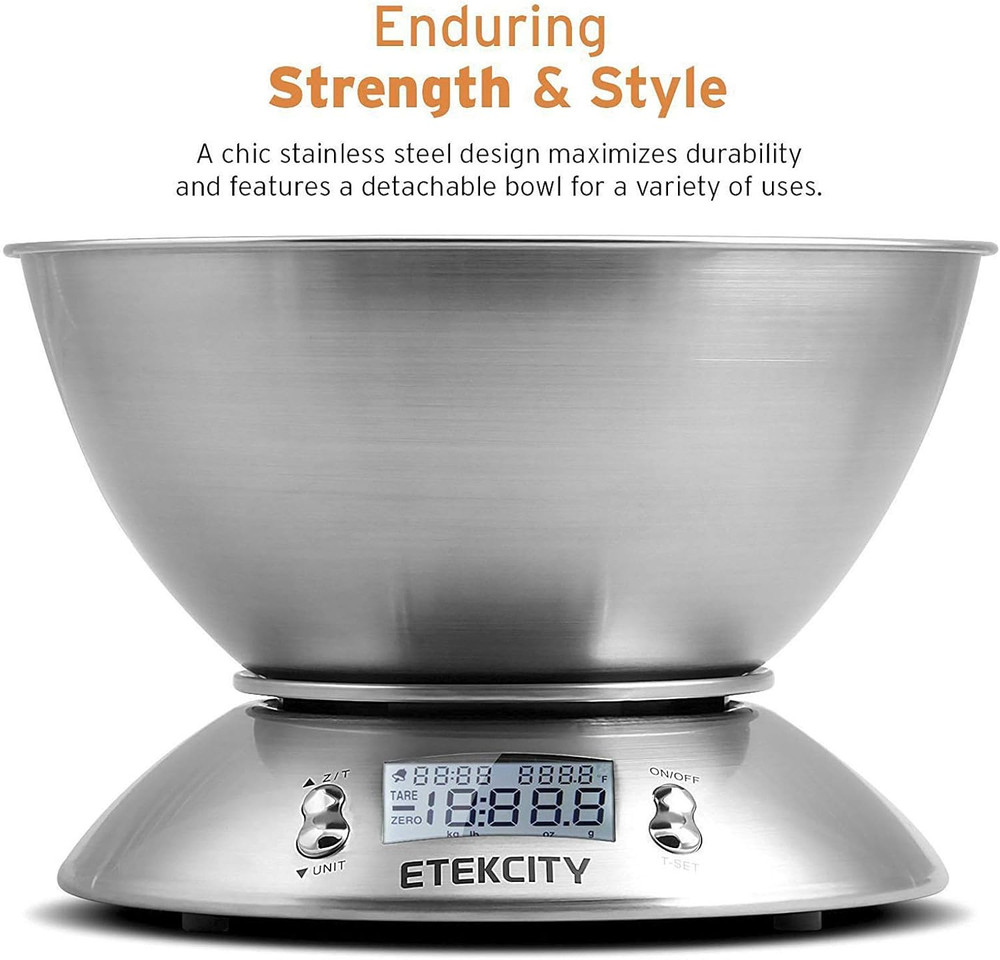 Food Scale with Bowl, Timer, and Temperature Sensor, Digital Kitchen Weight for