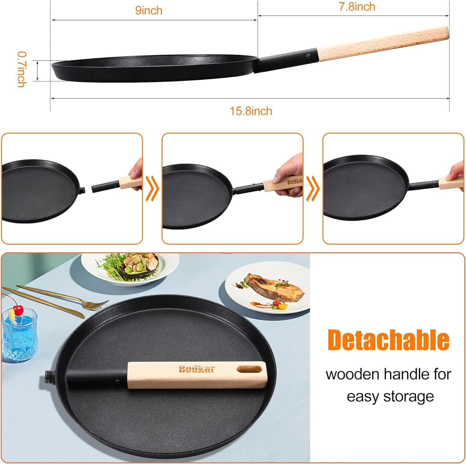 Frying Pan Skillet 8-inch Flat Griddle Pan, Lightweight Small Grill Pan with Woo