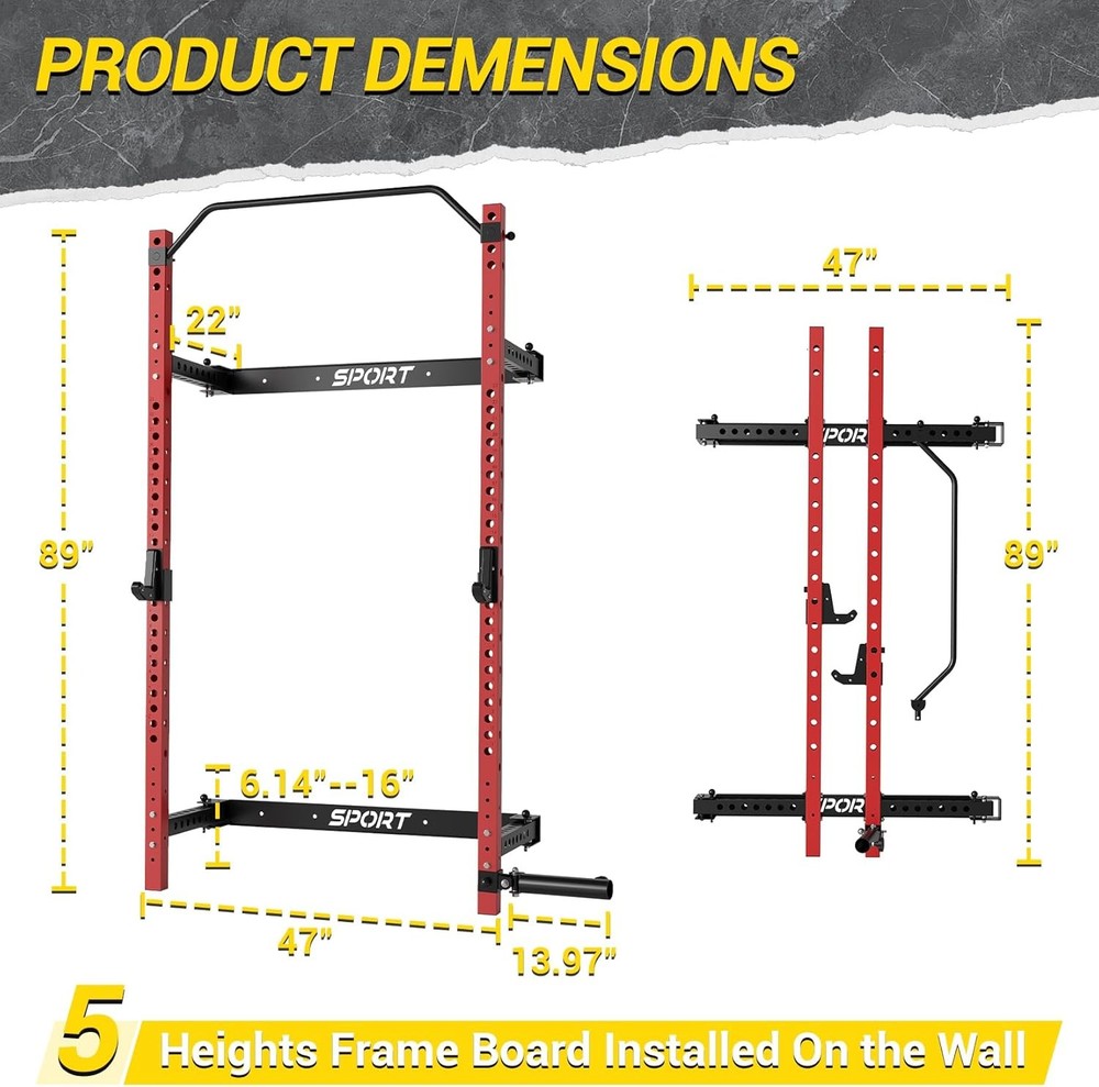 Folding Wall-Mounted Squat Rack 1000Lbs with Pull-Up Bar & J-Hooks