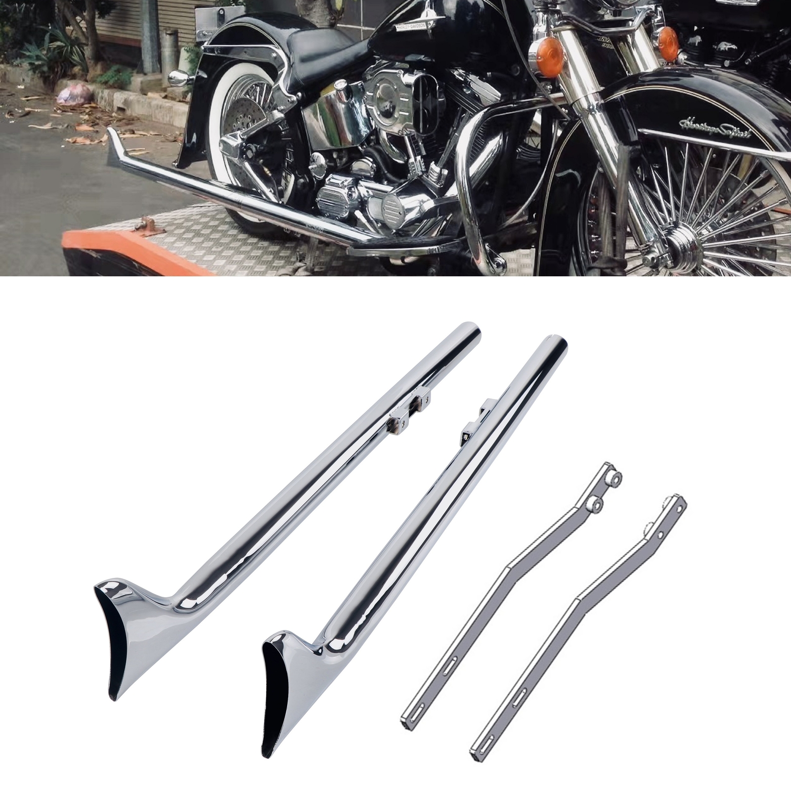 39'' Fishtail Pipes for Harley Softail with 1.75'' True Dual Exhaust Front Pipes