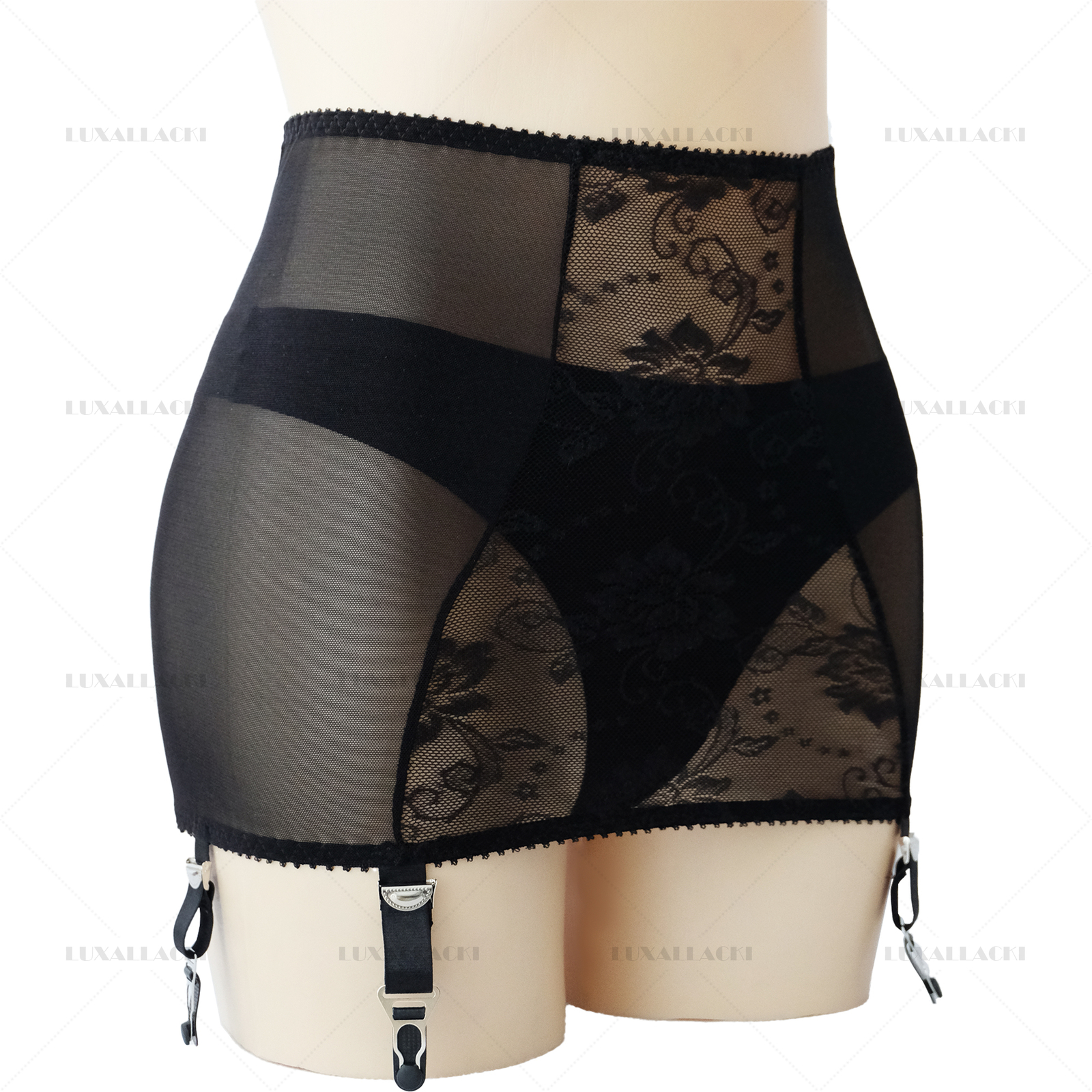 Luxallacki Mesh Floral Lace 6 Straps Garter Belt Shaping Girdle Sexy Lingerie