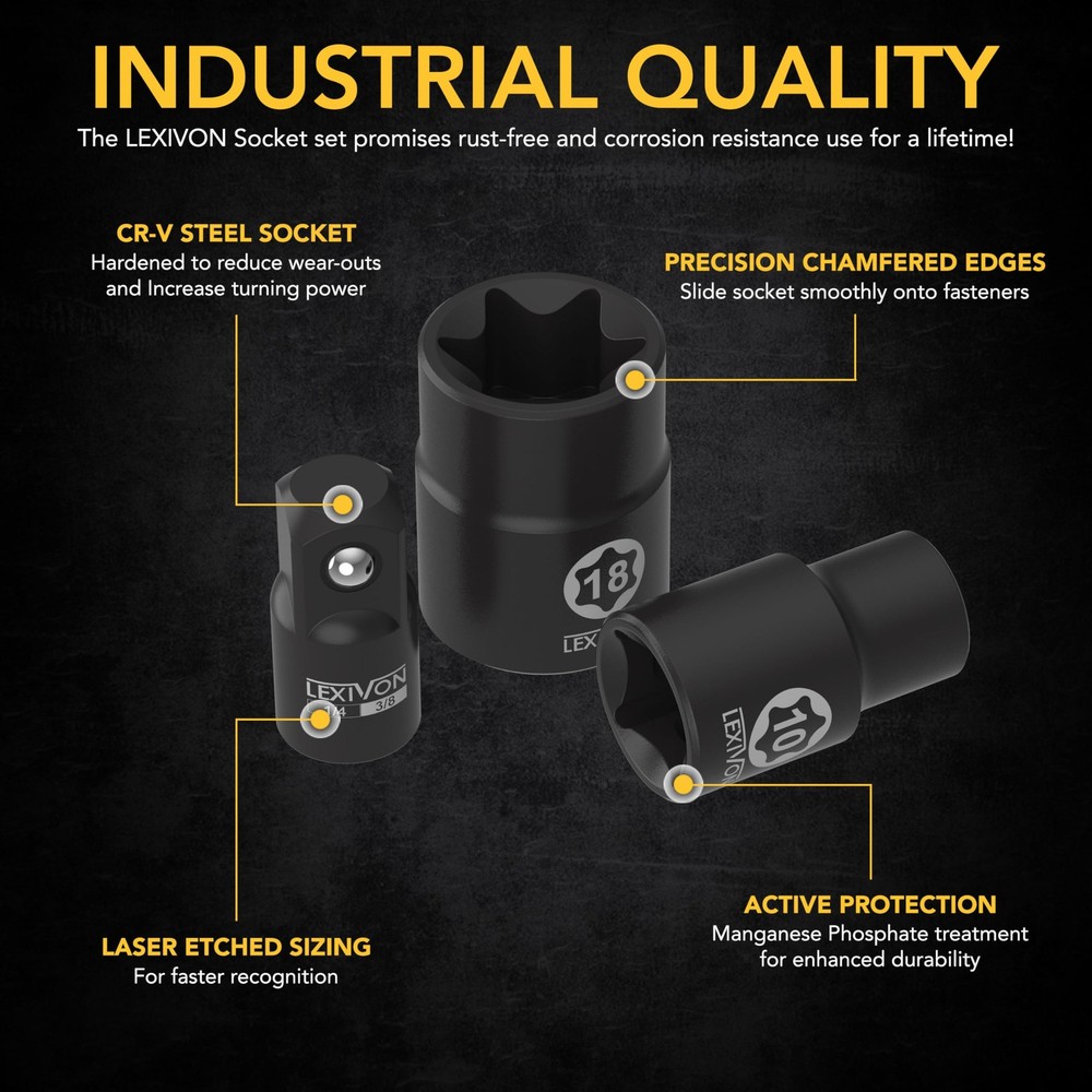 LEXIVON E-TORX Socket Set, Chrome Vanadium Set E4 - E20, Black