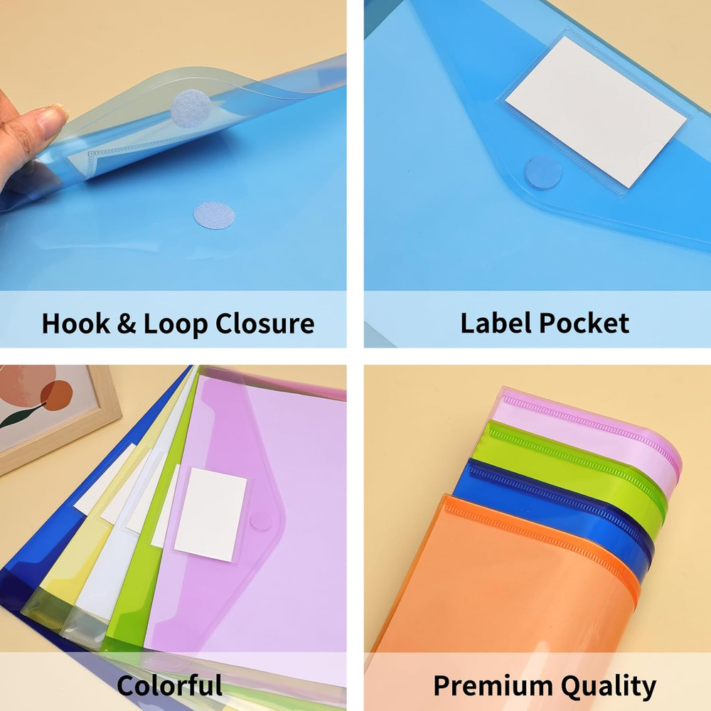 30 Pack 10 Color Plastic Envelopes Poly Envelopes, Hook & Loop Closure File Fold