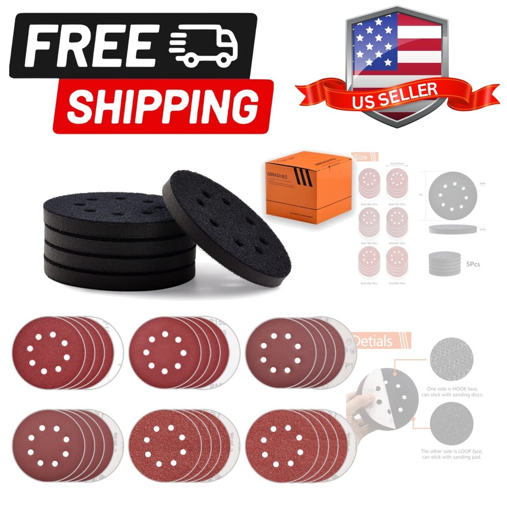 5 Pcs 5 inch 8 Holes Hook and Loop Backing Sponge Pad Soft Density Interface ...