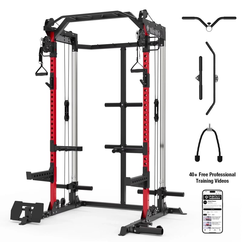 Power Rack Cage, Weight Rack with Dual Pulley Cable Crossover Machine,Multi-Func