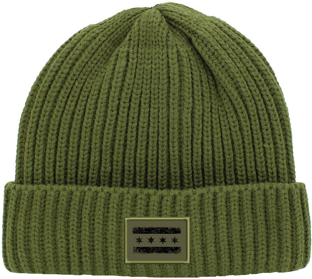 Chicago Flag Cuffed Ribbed Beanie Hat Olive
