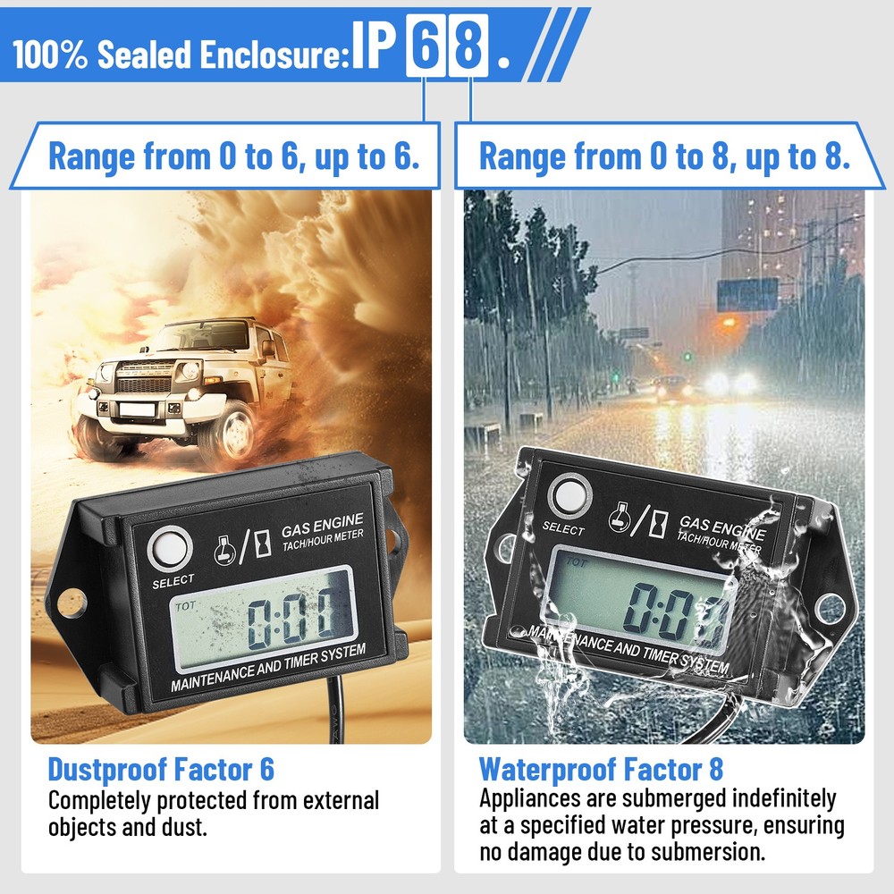 Waterproof IP68 Digital Tiny Tachometer Hour Meter Resettable Job Timer+Battery