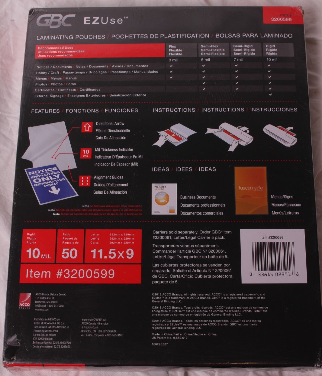 50-pack GBC Laminating Sheets Thermal Pouches - Letter Sz 10 Mil Speed EZUse