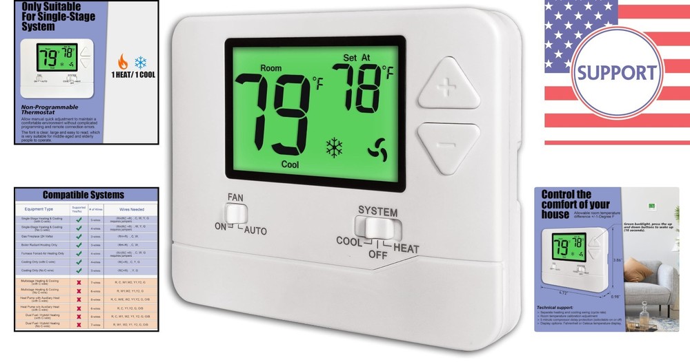 Non-Programmable Thermostat for Single-Stage HVAC Systems with Green Backlight