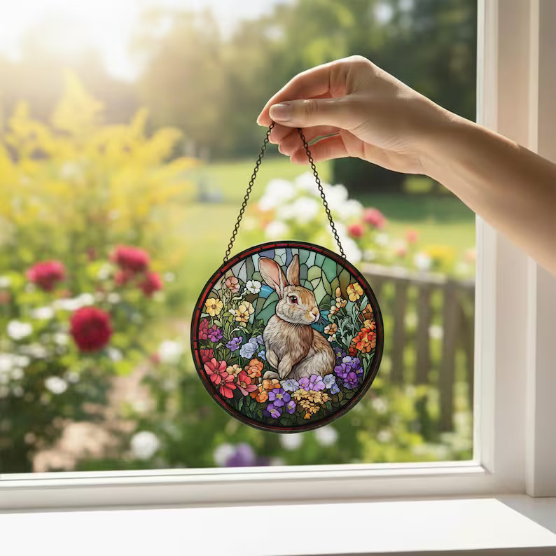 Rabbit Stained Glass Suncatcher Easter Decor Window