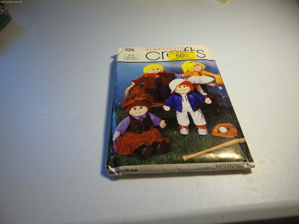 Cabbage Patch Doll Clothes  18” Simplicity 326 Sew Pattern Baseball Cowboy