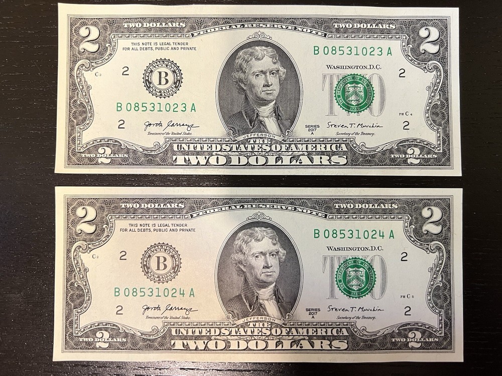 Lot of 2 NEW $2 2017A Sequential U.S. Two Dollar Bills Gem Unc Consecutive Notes