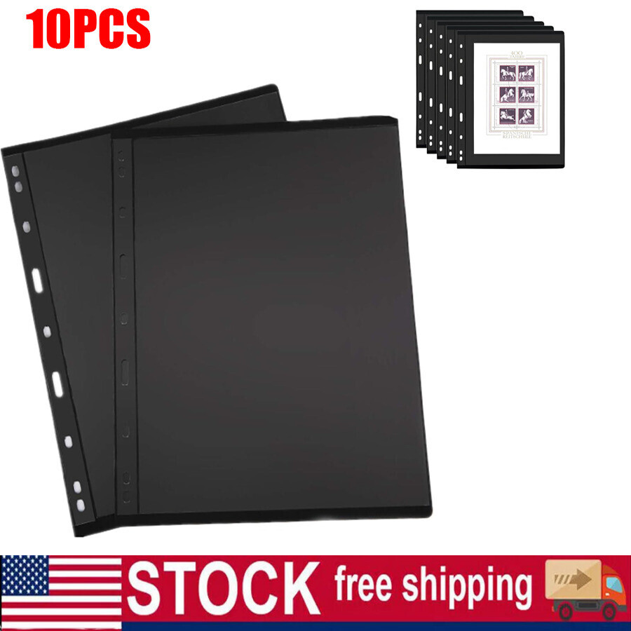 (1 Strip) 10 Sheet of Stamp Stock Pages w 9 Binder Holes - Black & Double Sided