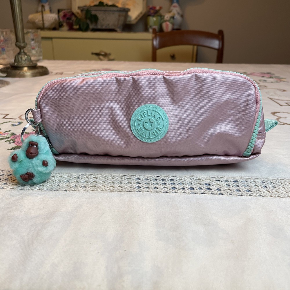 Kipling Gitroy Metallic Pencil Case Pink With Green Trim