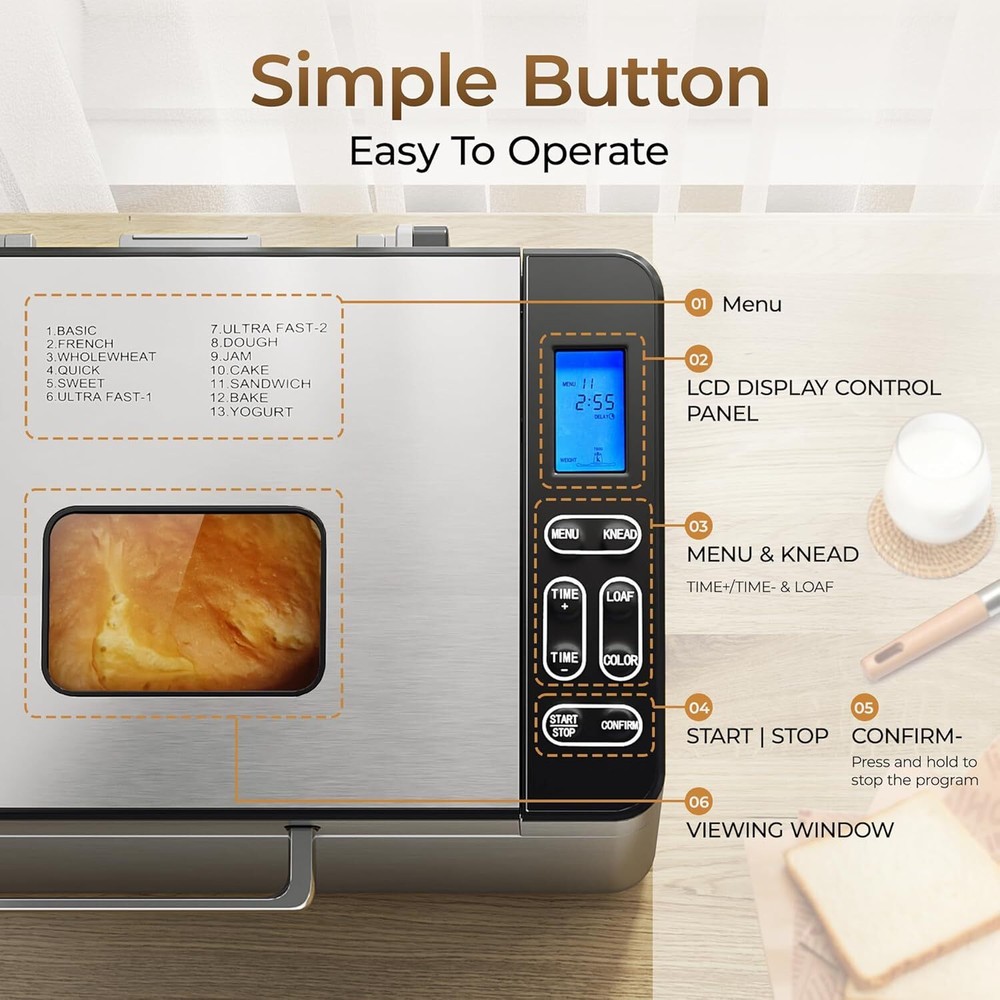 Automatic Bread Maker Gluten-Free, Dough Function, Adjustable Size Crust Setting