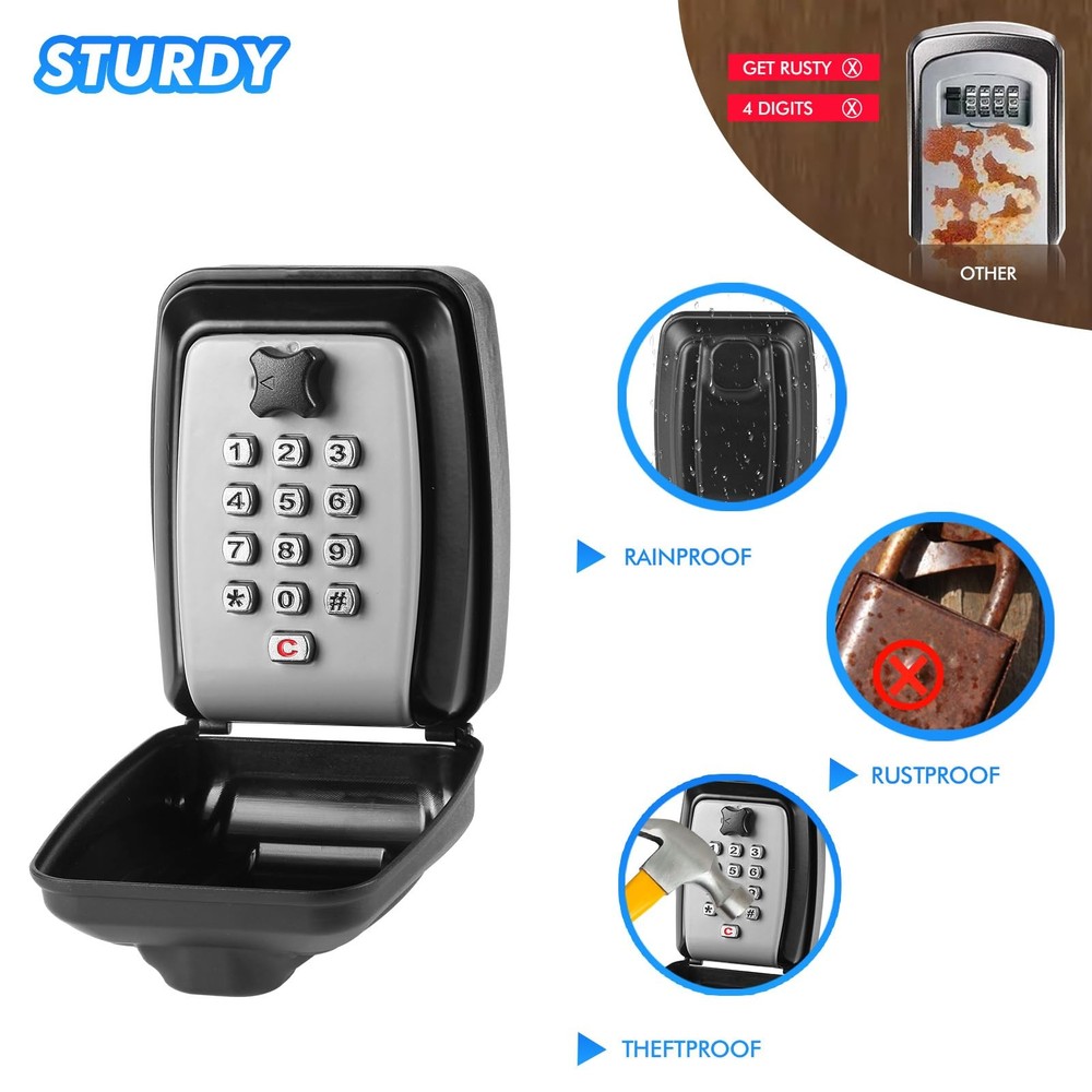 Key Lock Box, Wall Mounted Key Storage Box with 12-Digit Keyboard Combination...