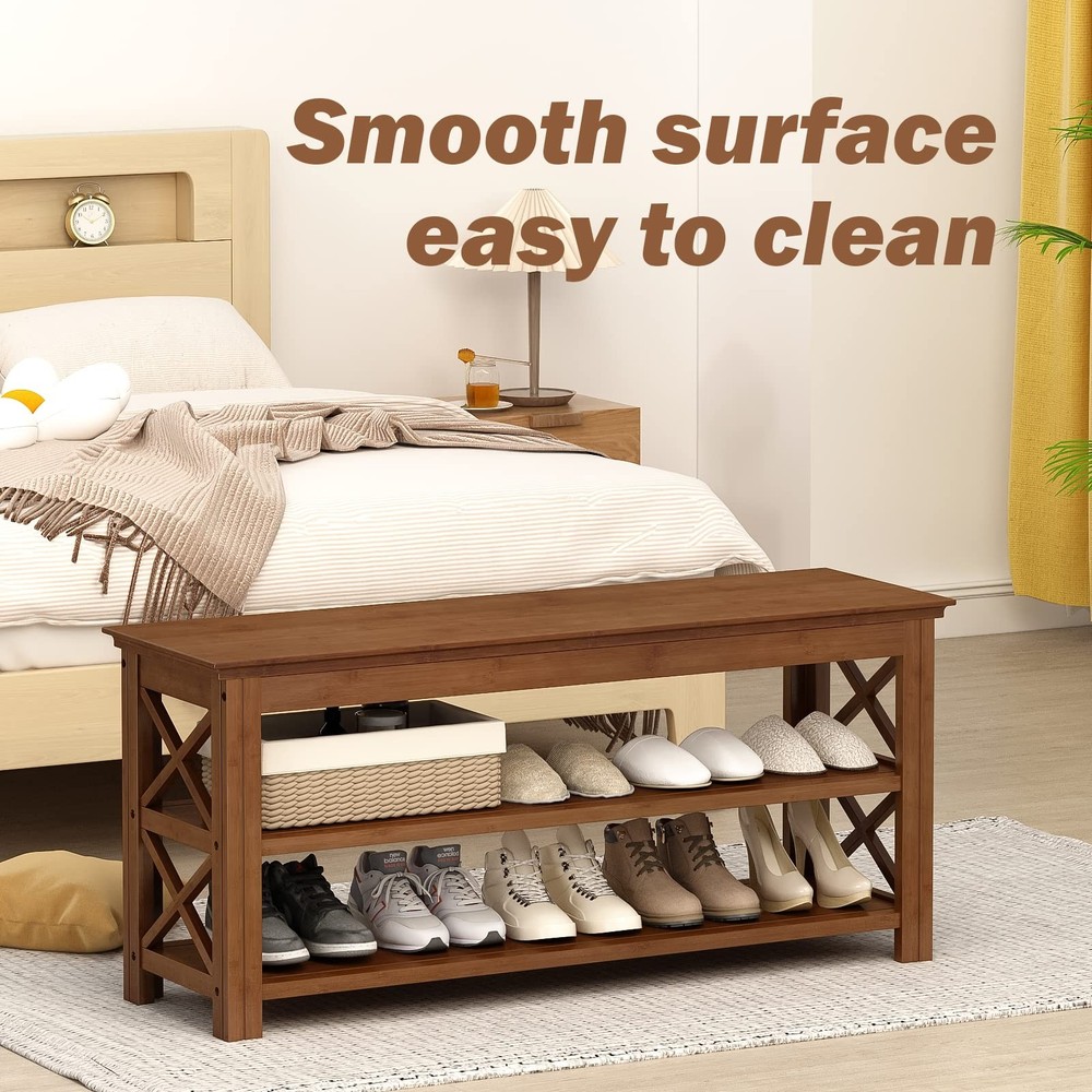 Shoe Rack Bench with Storage 3 Tier Bamboo Shoe Bench Entryway Rustic Solid W...