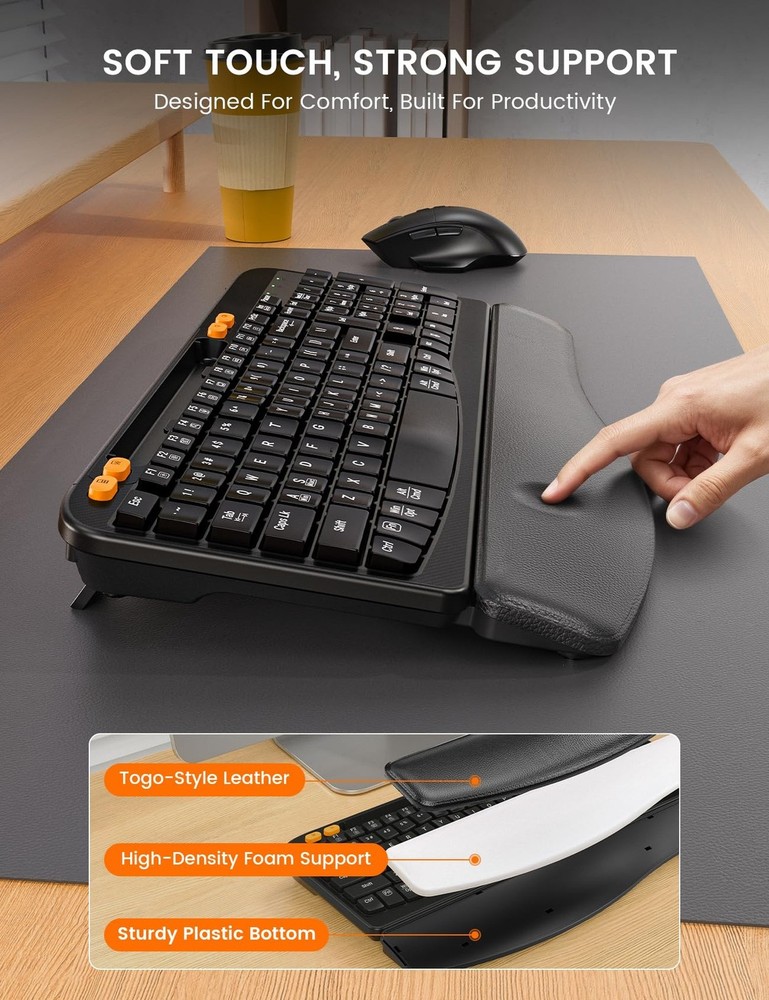 Wireless Keyboard and Mouse Combo, Ergonomic Wave Keys, Cushioned Palm Rest, ...