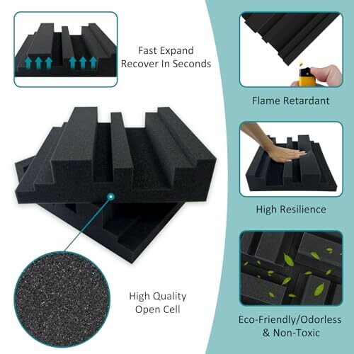 Thick Acoustic Foam Panels in Diffusion Pattern, 12 X 12 2'' Thickness, 8 pcs