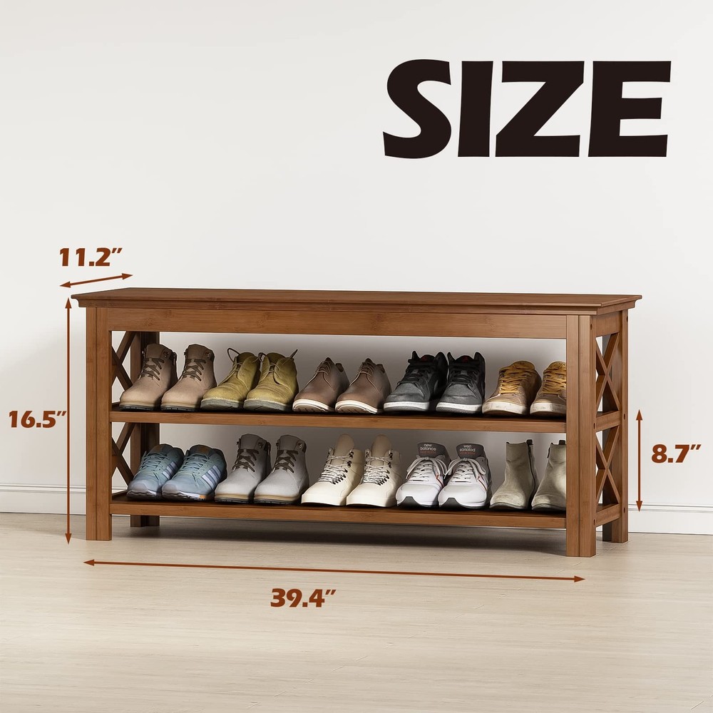 Shoe Rack Bench with Storage 3 Tier Bamboo Shoe Bench Entryway Rustic Solid W...