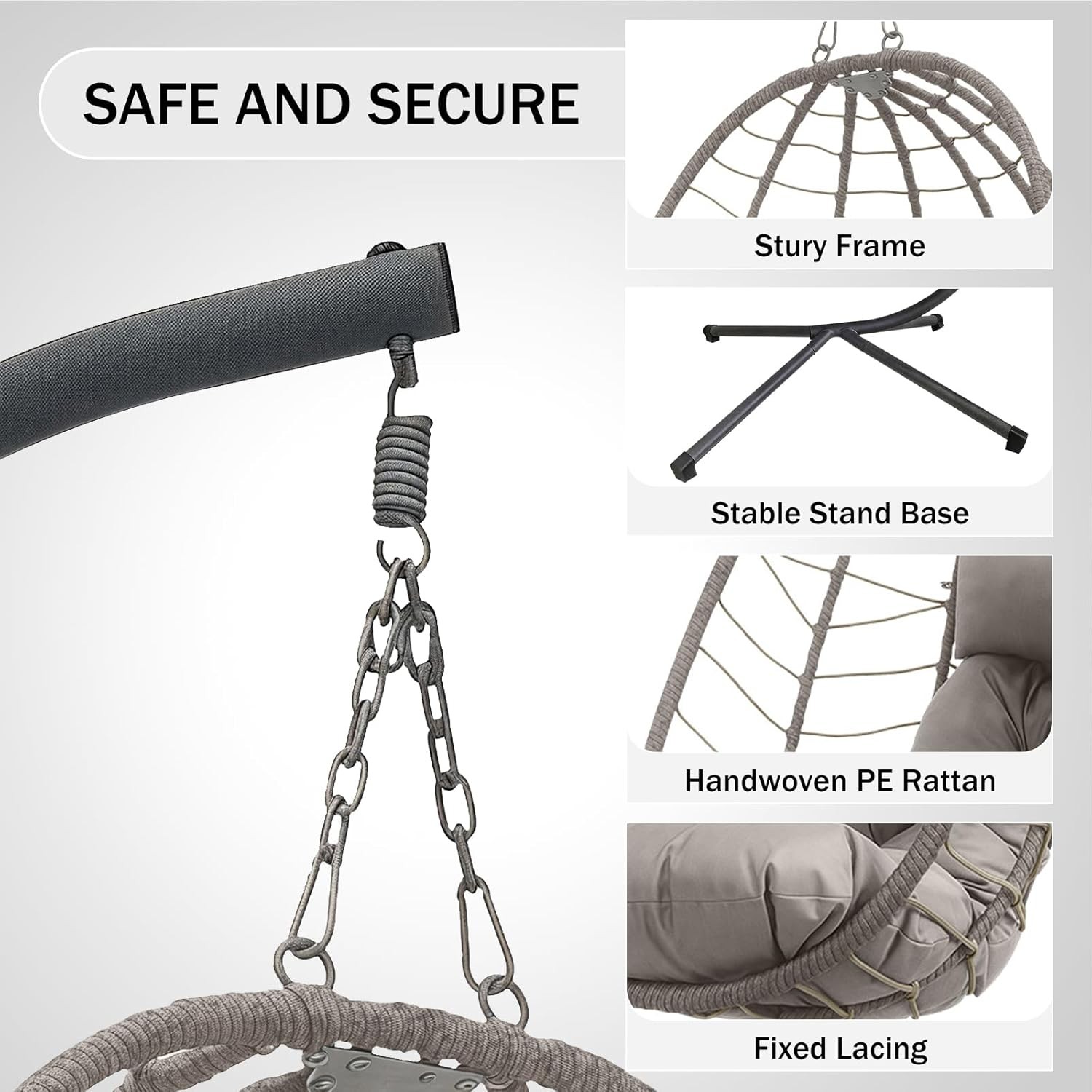 Hanging Egg Chair with Stand, Outdoor Wicker Patio Swing, Foldable Hammock Chair