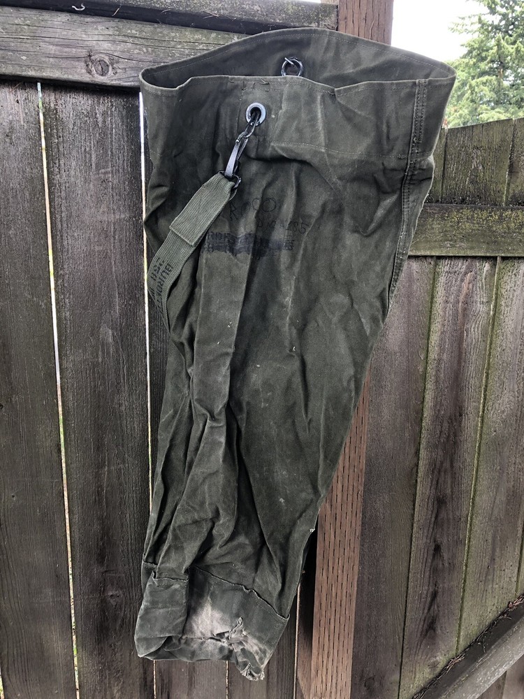 Vintage Army Top Load Canvas Duffle Bag With Strap And Name