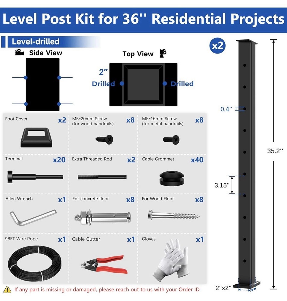 Expandable 2ft-8ft Black Set 36" Cable Railing Post Kit T304 with 2 Level Posts