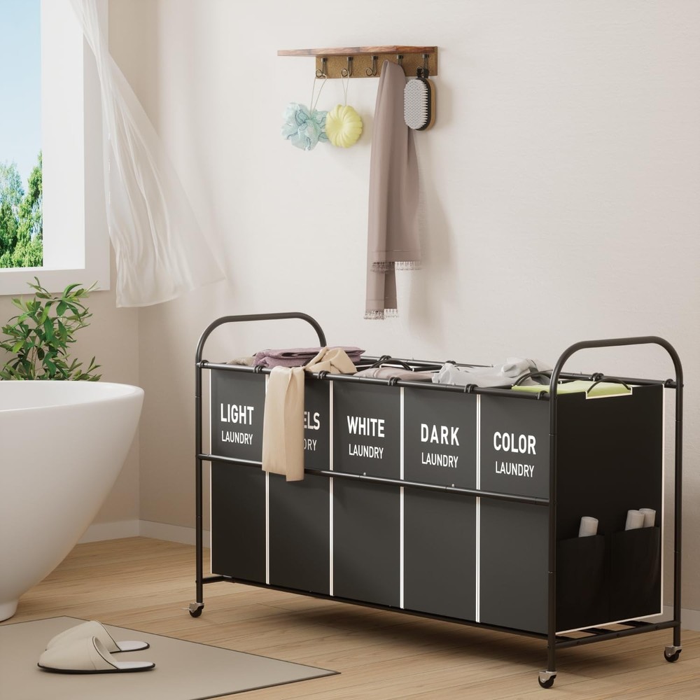 5-Section Laundry Sorter Cart, Large Laundry Hamper with Lockable Rolling Whe...