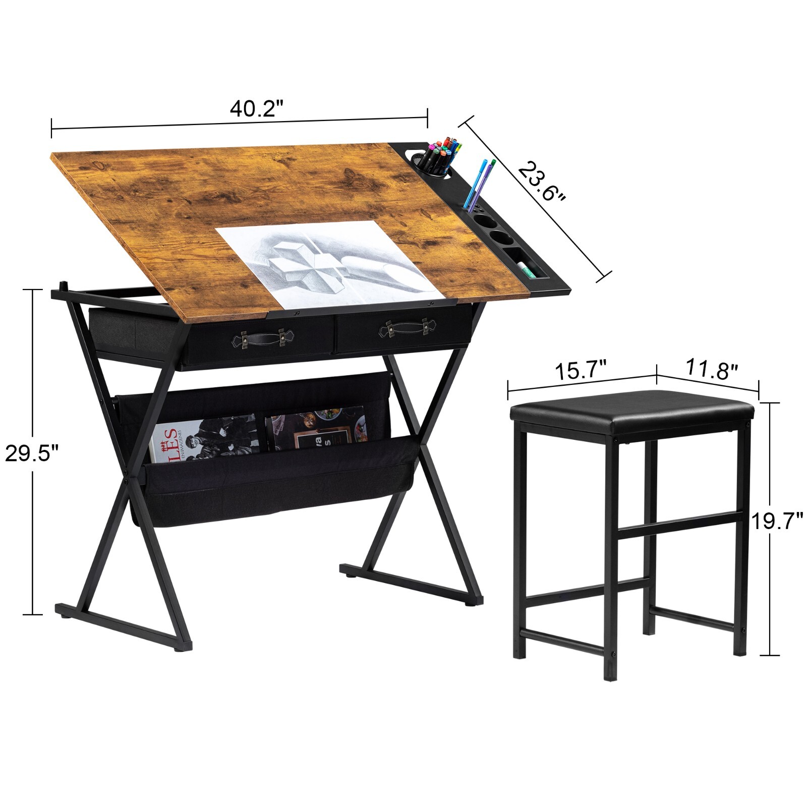 Art Craft Table Drawing Table Tiltable Tabletop w/Stool and 2 Storage Drawers