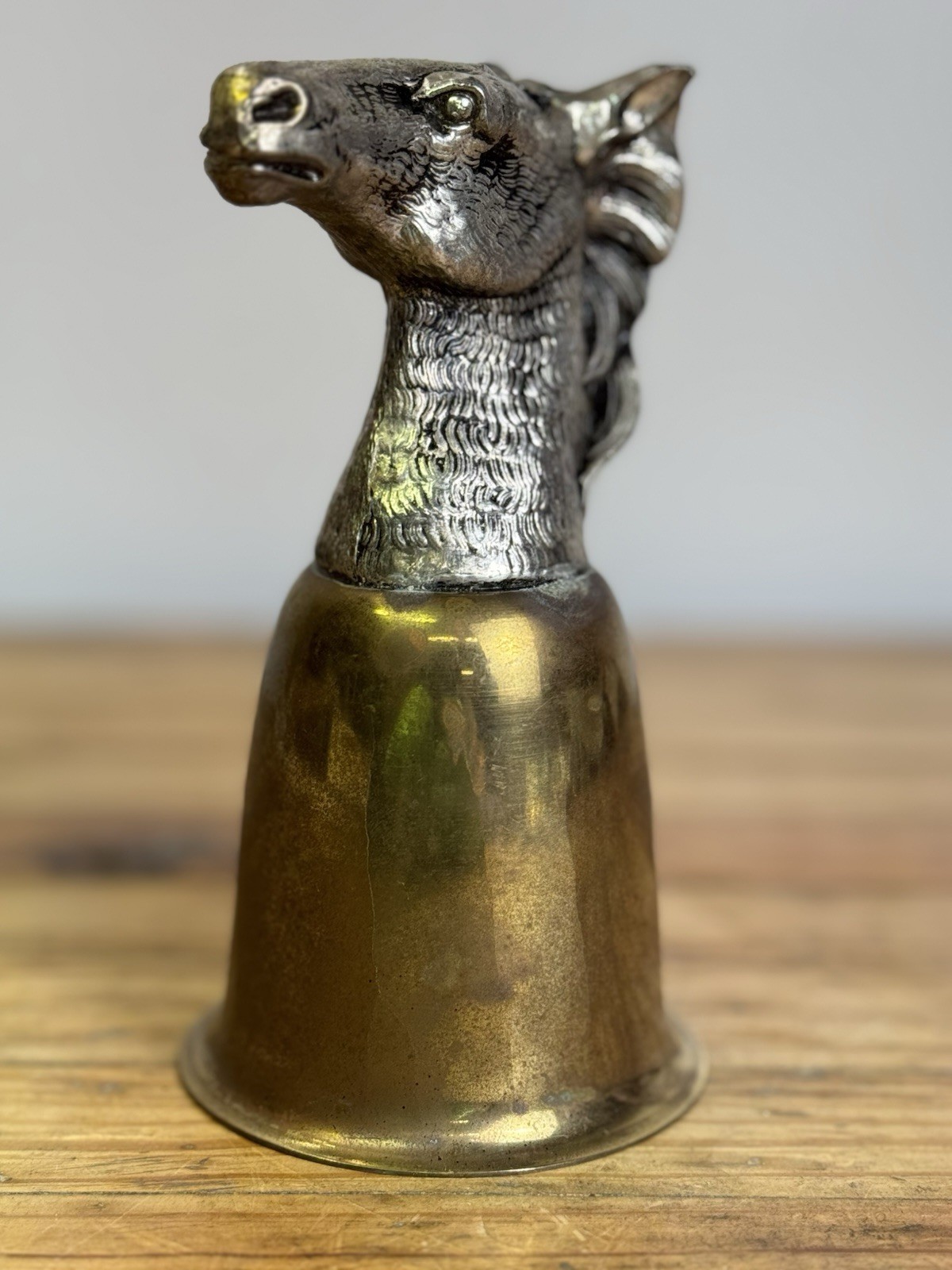 VINTAGE SIGNED MAURO MANETTI ITALY STIRRUP CUP HORSE HEAD BRASS AND SILVER PLATE