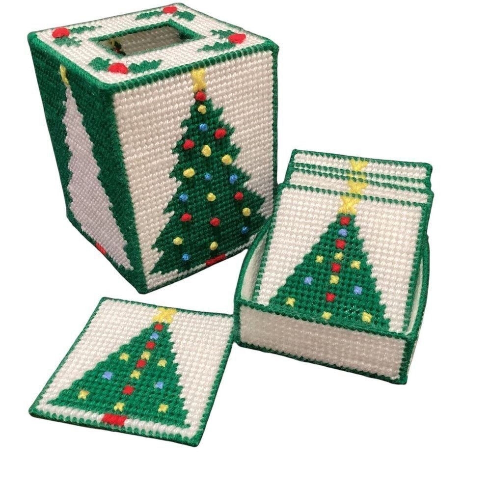 Handmade Plastic Canvas Christmas Tree Tissue Box Cover Coasters Set