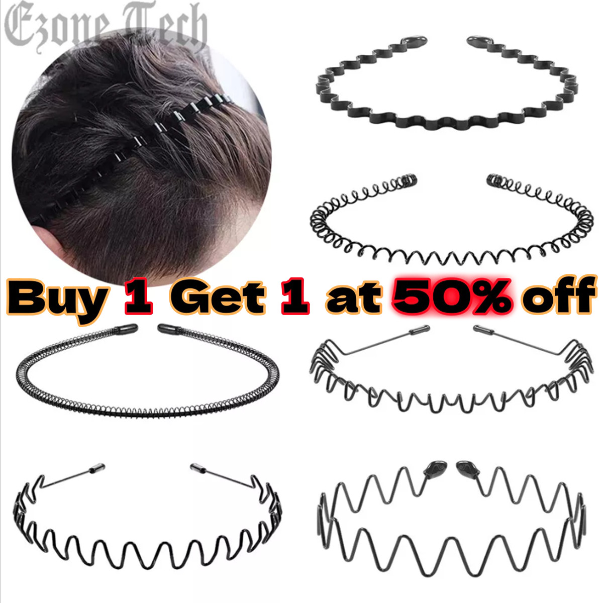 6Pcs Metal Hair Headband Wave Style Hoop Band Comb Sports Hairband for Men Women