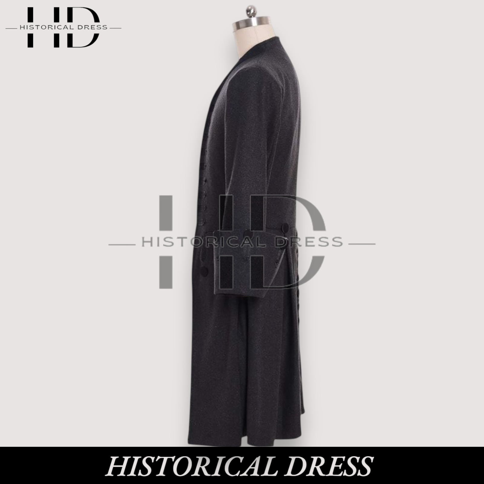 Men's 18th Century Regency Black Wool Frock Coat Colonial Military Tailcoat