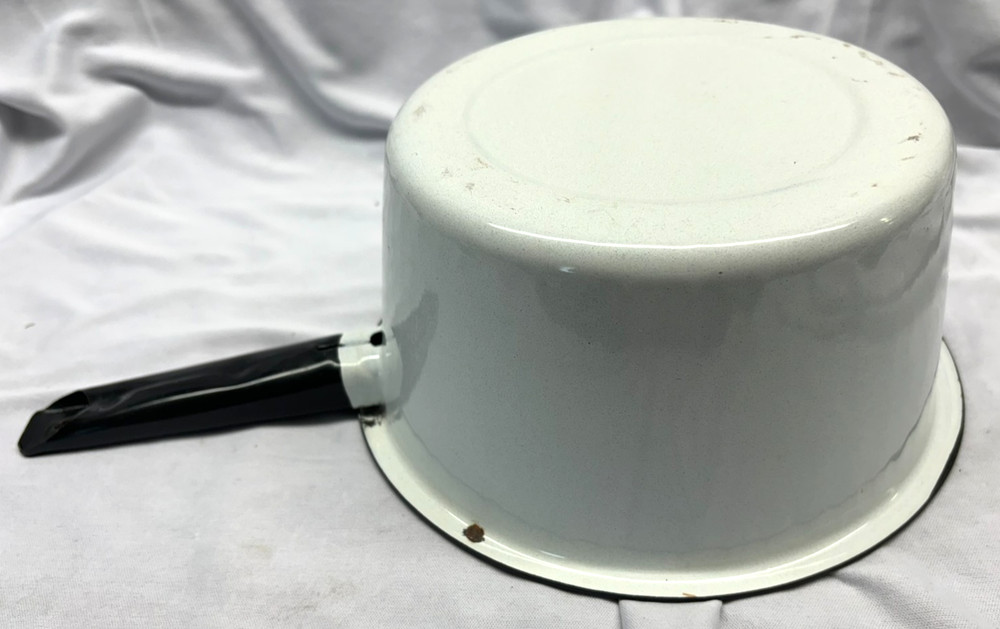 Enamelware White Saucepan w/Black Trim & Handle