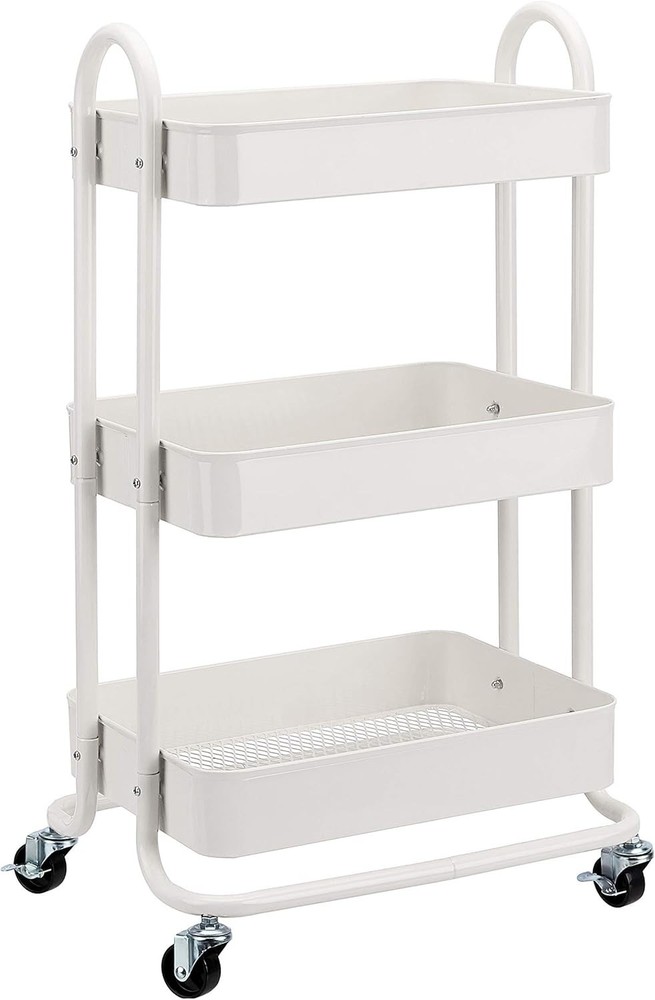 3-Tier Rolling Utility Cart, Storage Organizer, Lockable Wheels, Multifunctio...